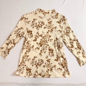 Estate‎ Cream and Brown Floral Blouse Mock Turtleneck
